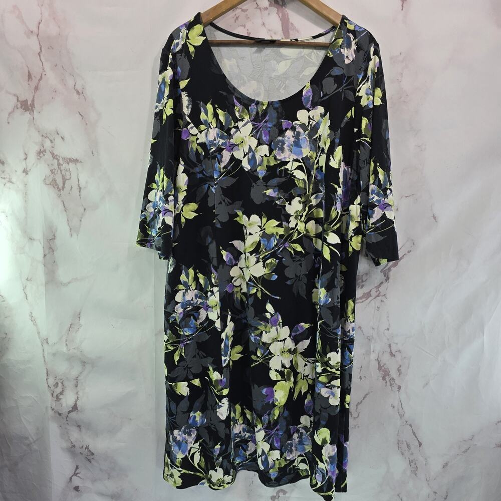 J Jill Dress Womens XL Black Green Purple Floral Scoop Half Quarter Sleeve